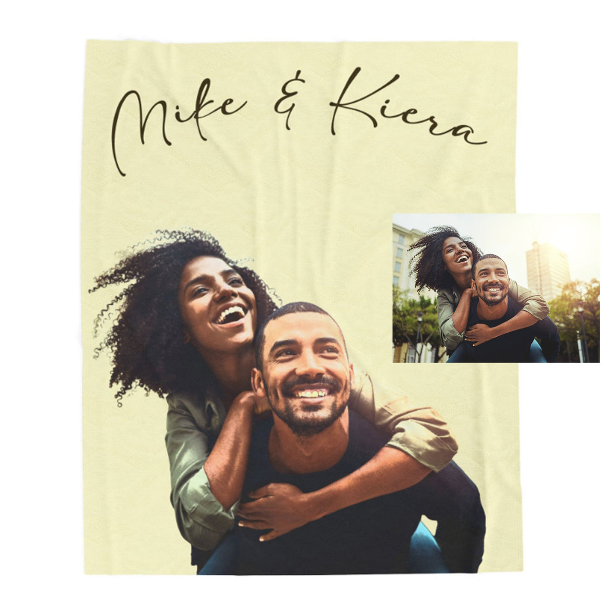 A personalized photo blanket featuring a printed design of a smiling couple, with the names 'Mike & Kiera' written at the top in black script. A small inset photo of the couple appears in the upper right corner.