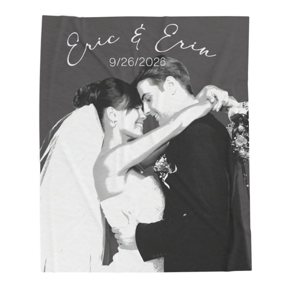 A square custom photo backdrop banner featuring a black-and-white wedding photograph of a bride and groom embracing, with the names 'Eric & Erin' and the date '9/26/2026' printed at the top in white script and serif text.