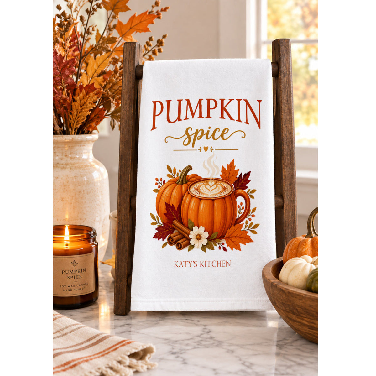 Personalized Pumpkin Spice Tea Towel | Custom Name Fall Kitchen Decor