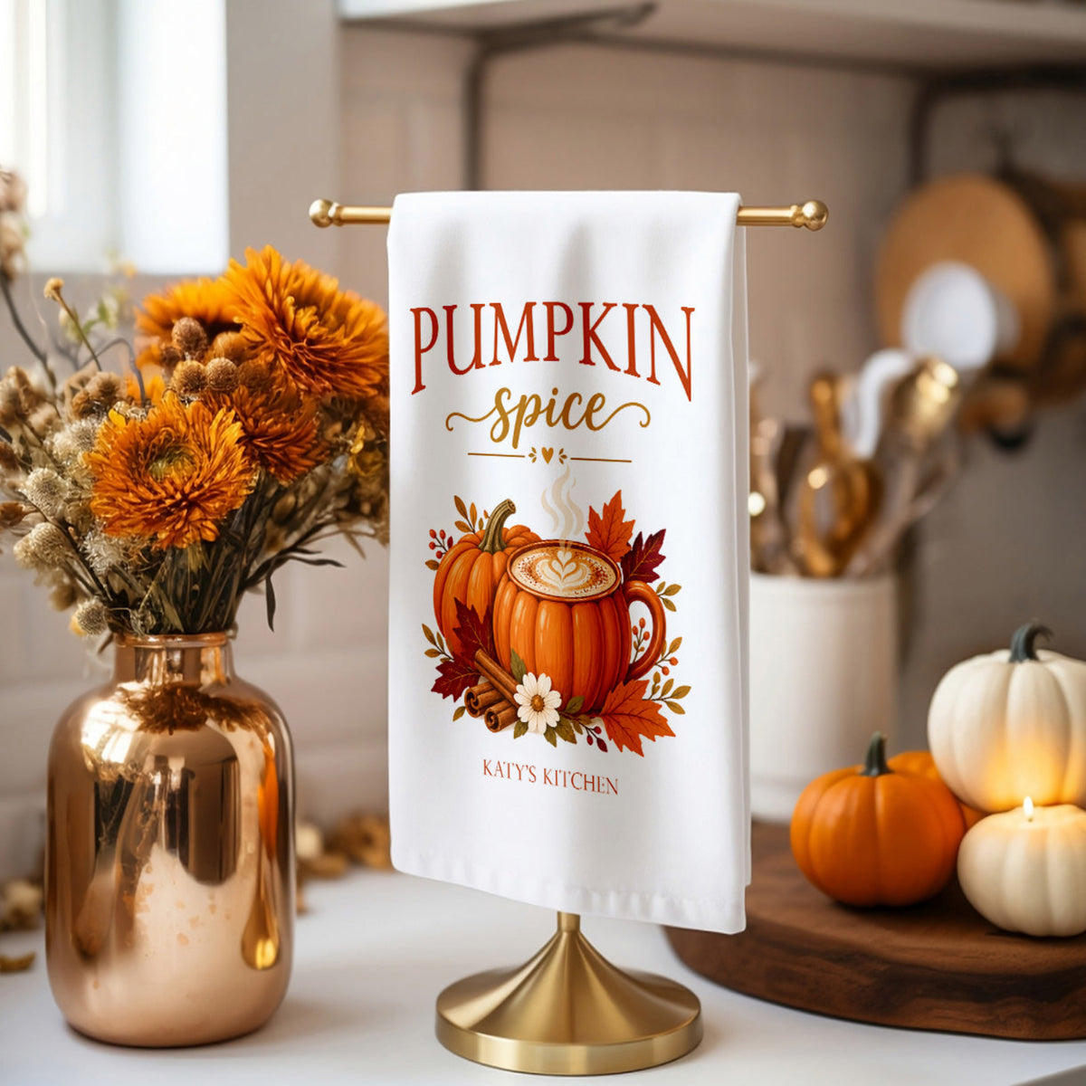 Personalized Pumpkin Spice Tea Towel | Custom Name Fall Kitchen Decor