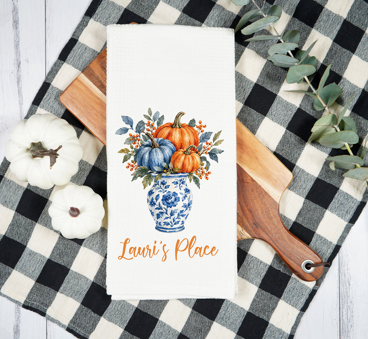 Personalized Fall Pumpkin Vase Tea Towel – Custom Name Kitchen Towel