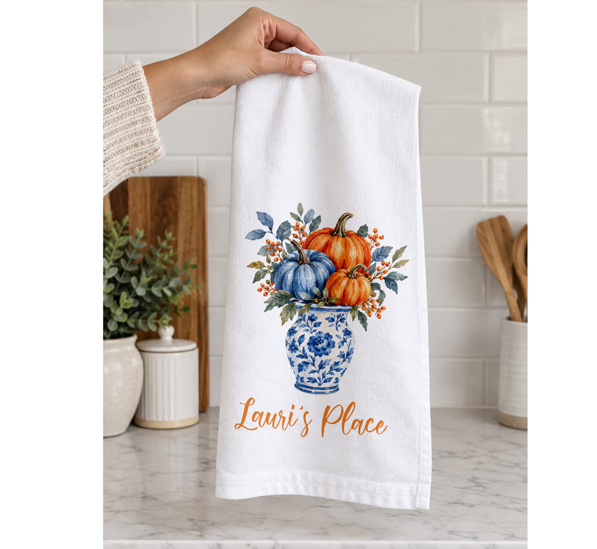 Personalized Fall Pumpkin Vase Tea Towel – Custom Name Kitchen Towel