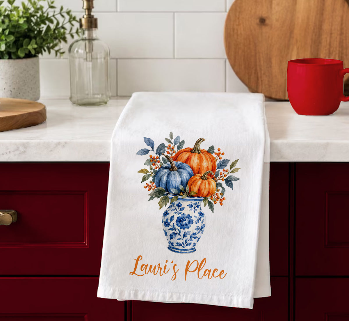 Personalized Fall Pumpkin Vase Tea Towel – Custom Name Kitchen Towel