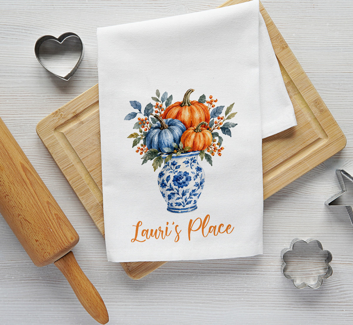 Personalized Fall Pumpkin Vase Tea Towel – Custom Name Kitchen Towel