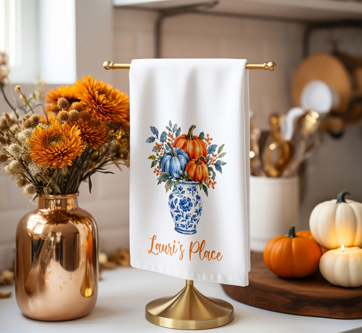 Personalized Fall Pumpkin Vase Tea Towel – Custom Name Kitchen Towel