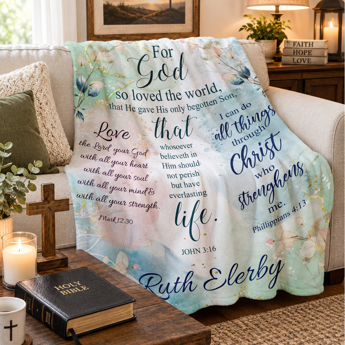 Personalized Bible Verse Scripture Blanket, John 3:16 Custom Name Throw, Christian Gift for Women