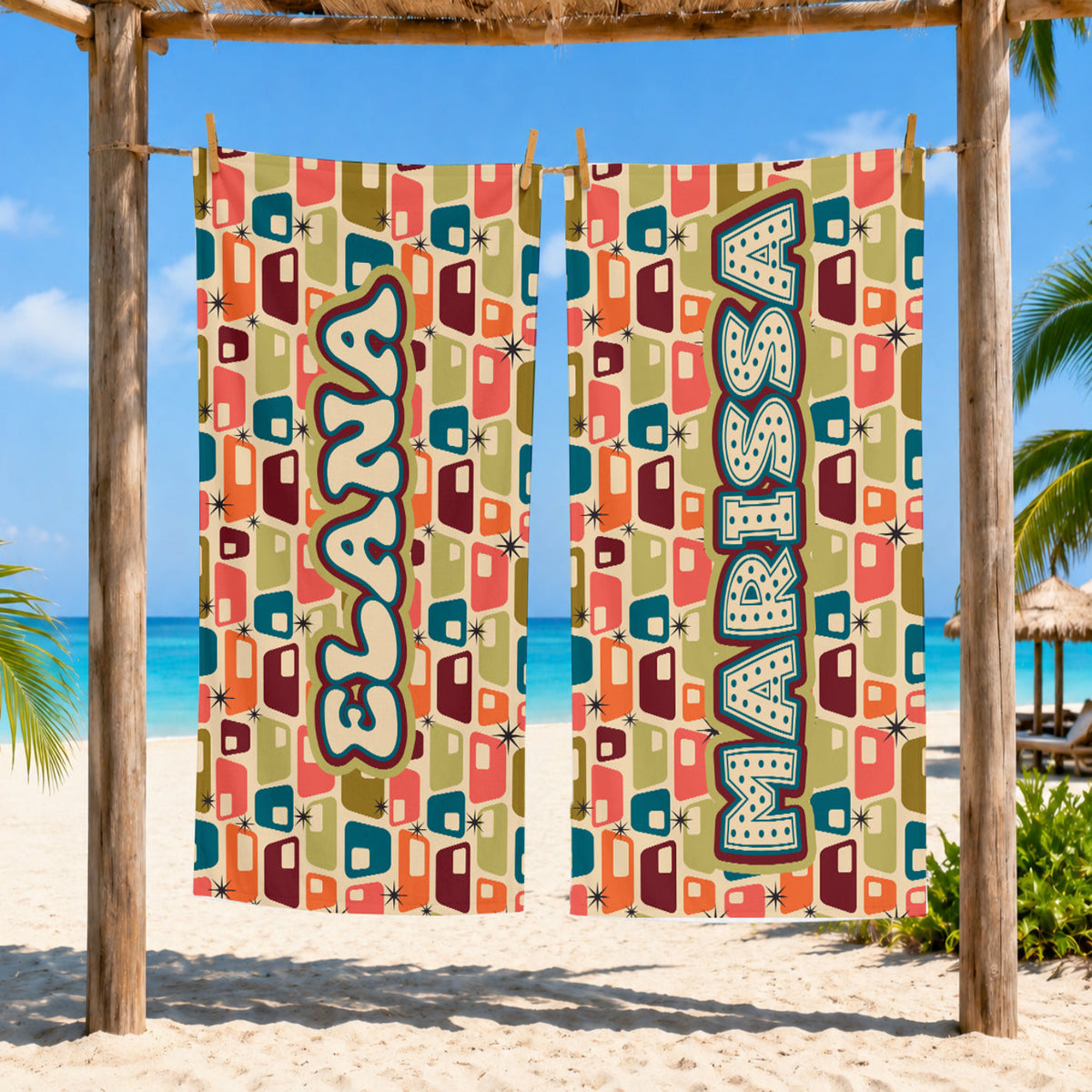 Personalized Retro Geometric Beach Towel | Custom Name Mid Century Modern Design