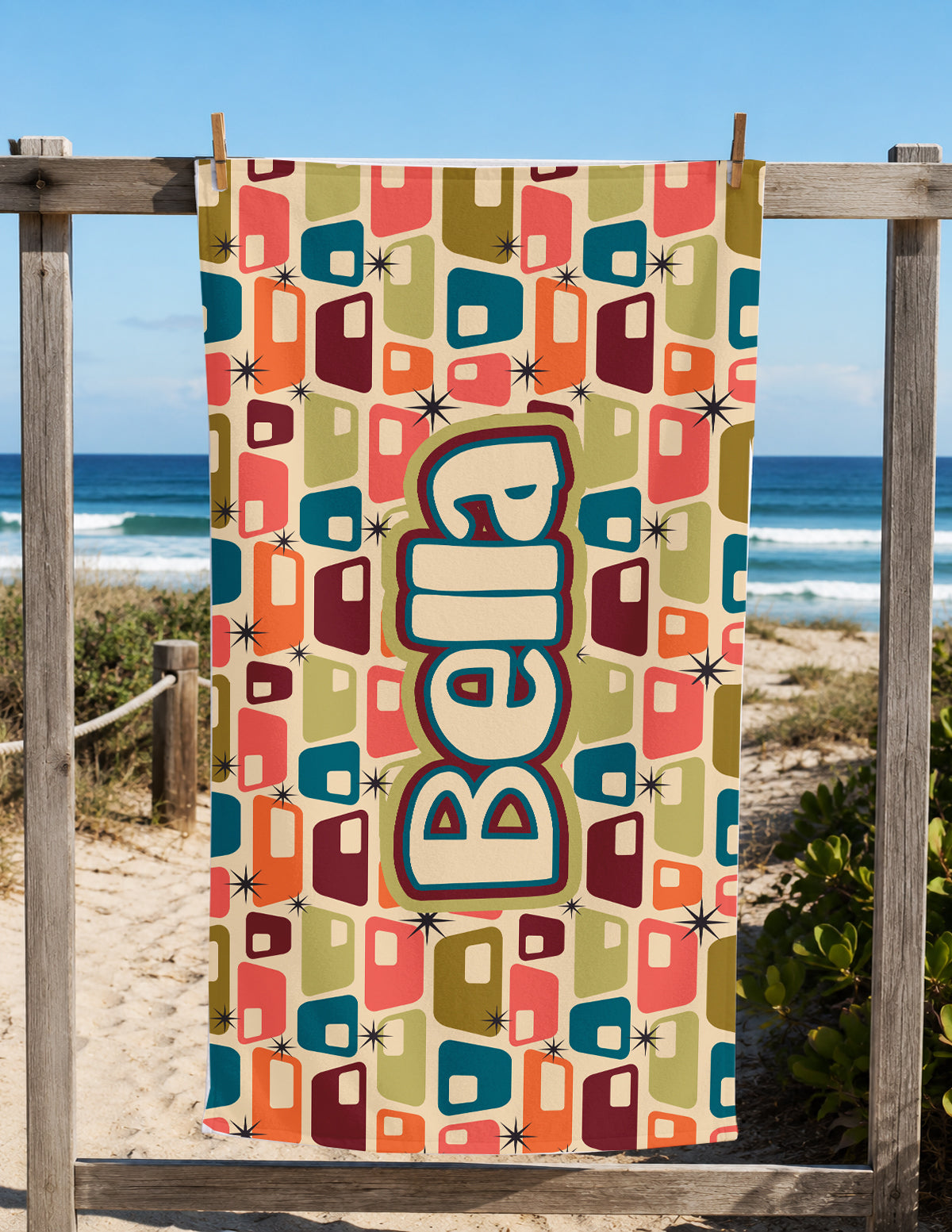 Personalized Retro Geometric Beach Towel | Custom Name Mid Century Modern Design