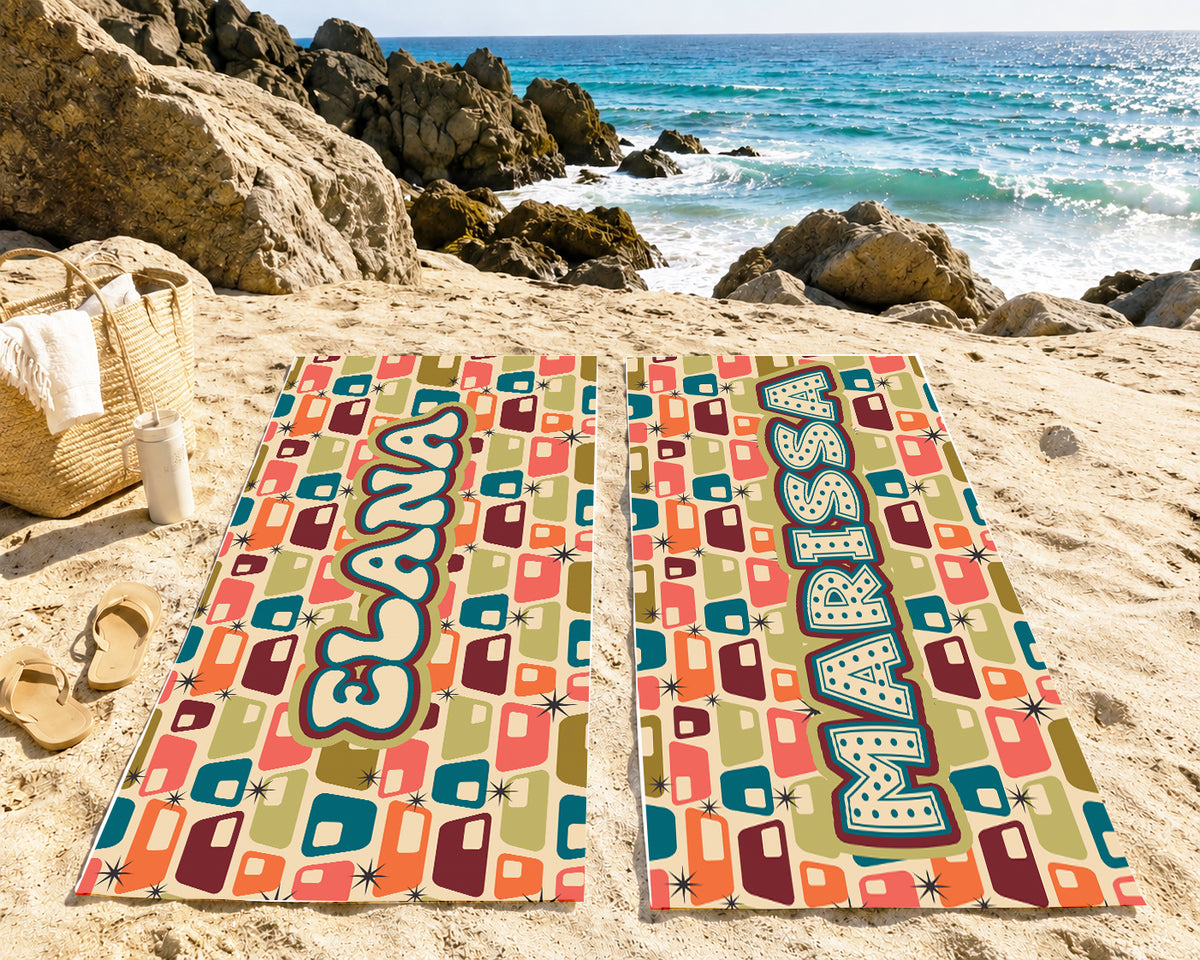 Personalized Retro Geometric Beach Towel | Custom Name Mid Century Modern Design