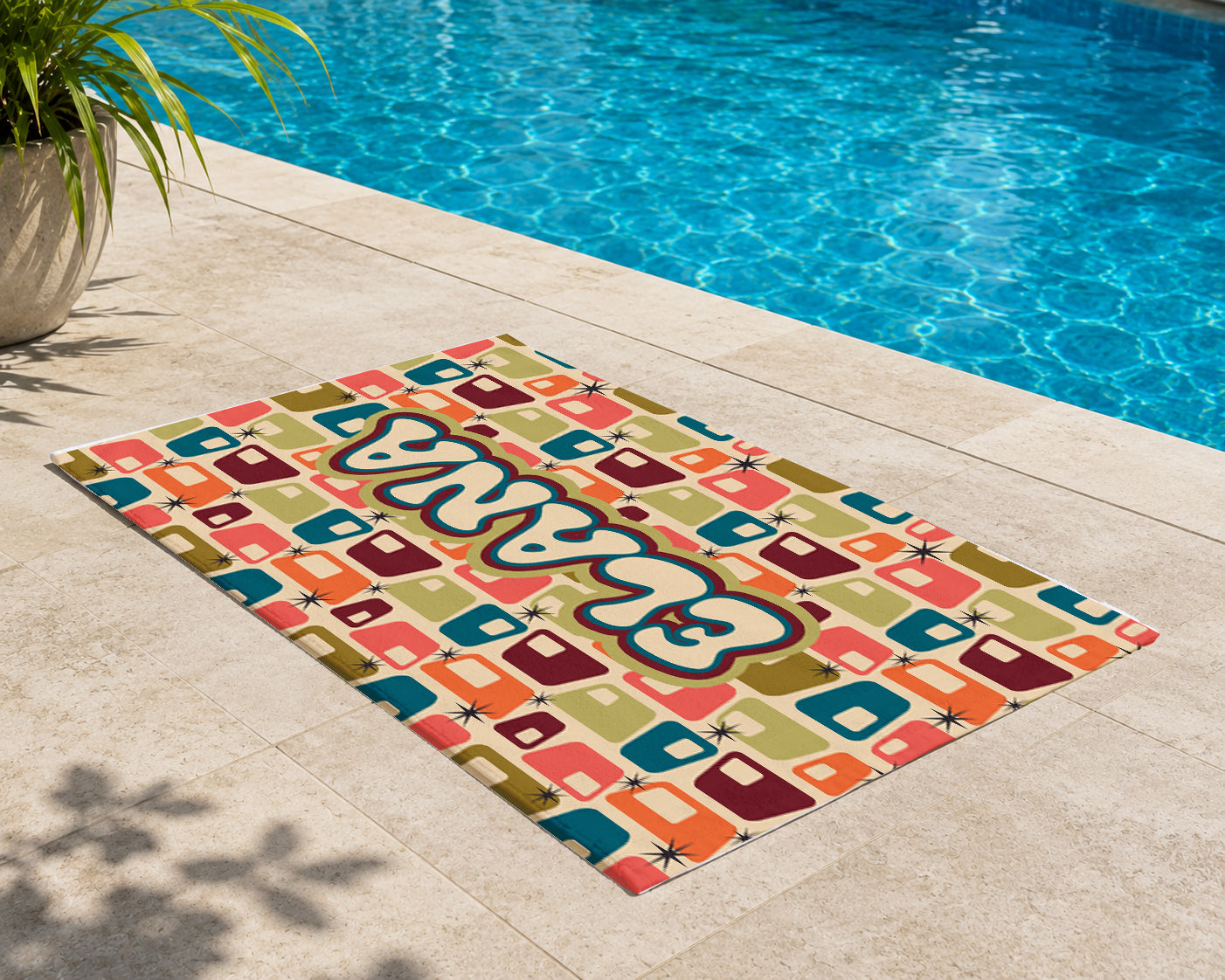 Personalized Retro Geometric Beach Towel | Custom Name Mid Century Modern Design
