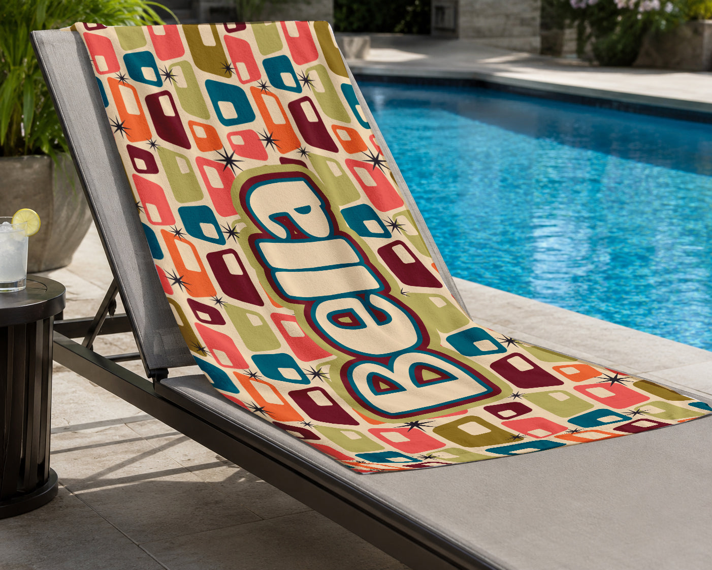 Personalized Retro Geometric Beach Towel | Custom Name Mid Century Modern Design