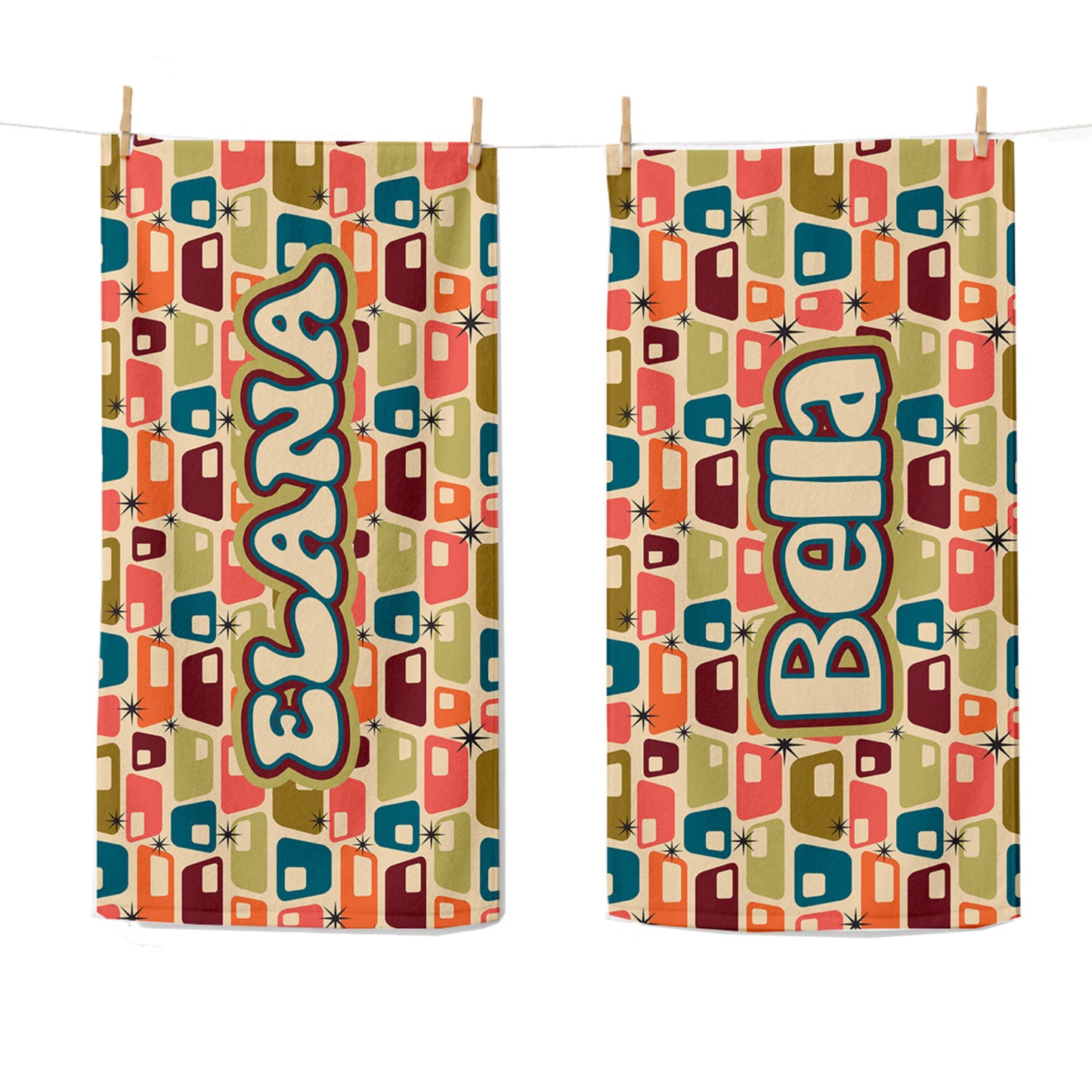 Personalized Retro Geometric Beach Towel | Custom Name Mid Century Modern Design