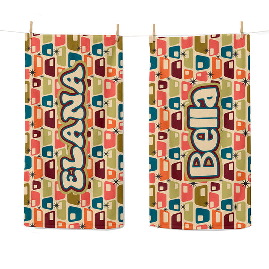 Personalized Retro Geometric Beach Towel | Custom Name Mid Century Modern Design
