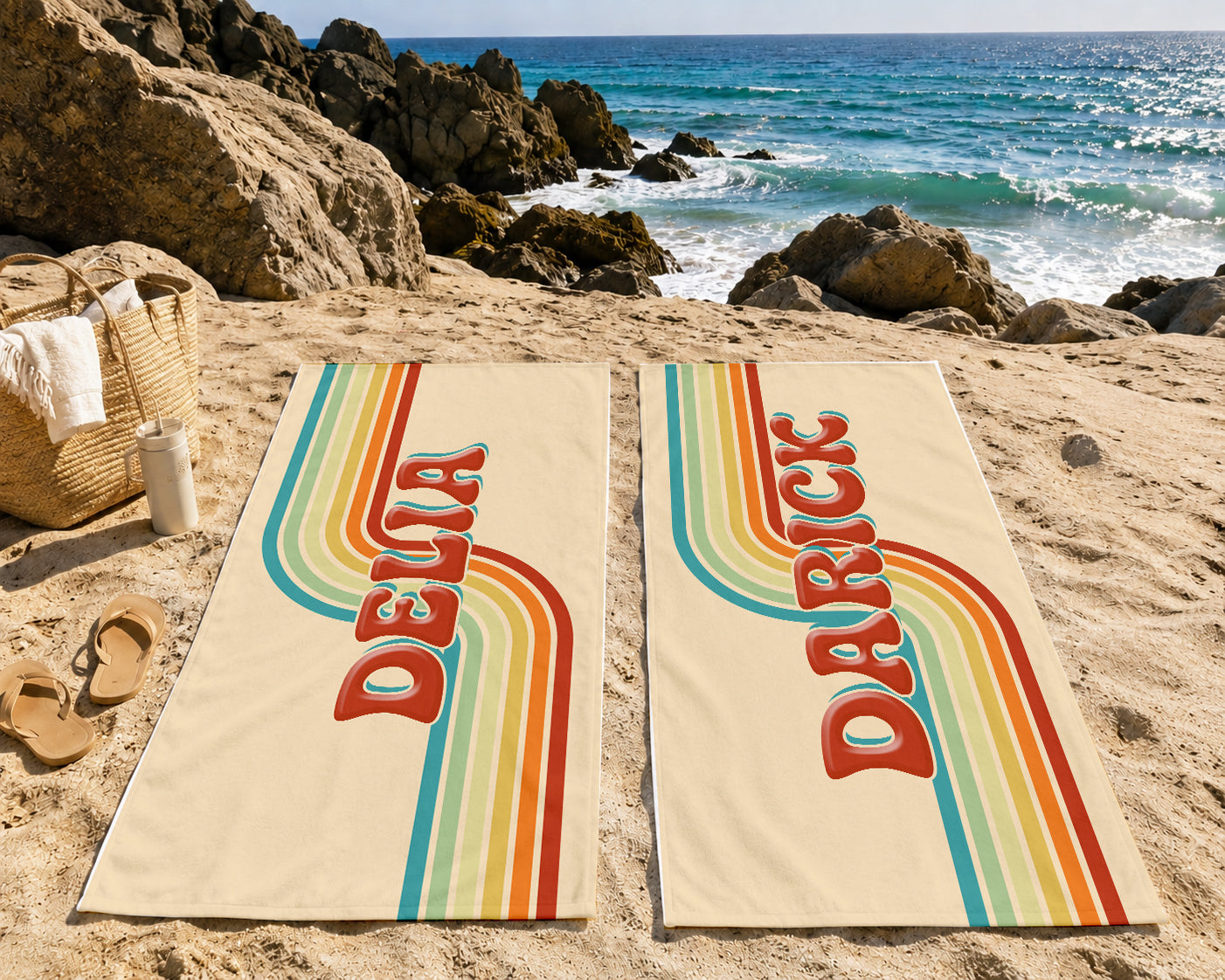 Personalized Retro Rainbow Beach Towel | Custom Name 70s Style Design