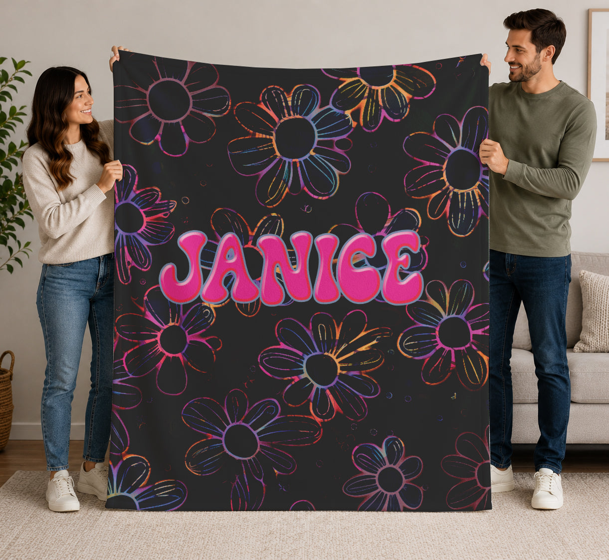 Personalized Retro  Neon Electric Floral Design with Name Blanket