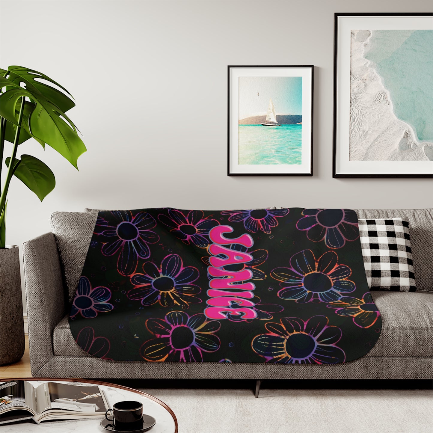 Personalized Retro  Neon Electric Floral Design with Name Blanket