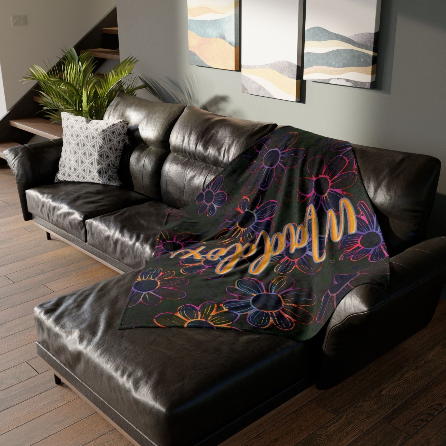 Personalized Retro  Neon Electric Floral Design with Name Blanket