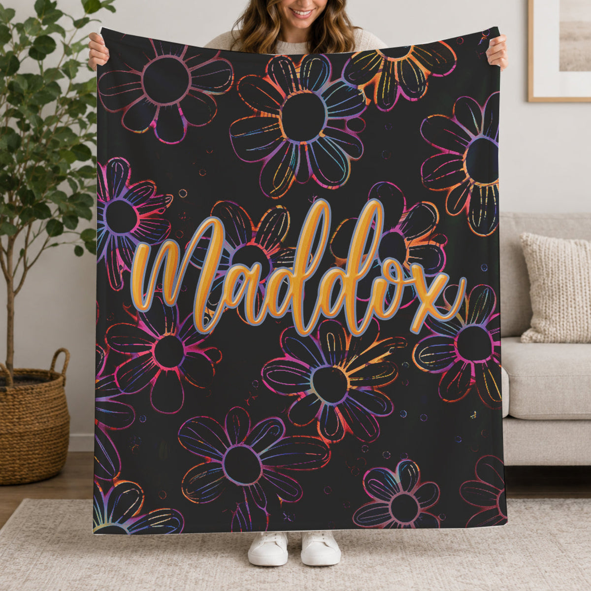 Personalized Retro  Neon Electric Floral Design with Name Blanket