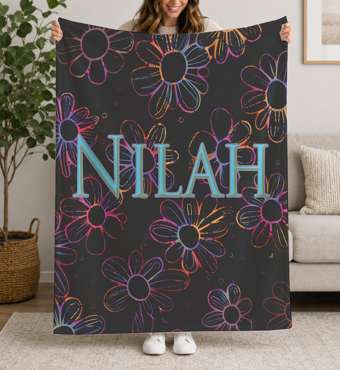 Personalized Retro  Neon Electric Floral Design with Name Blanket