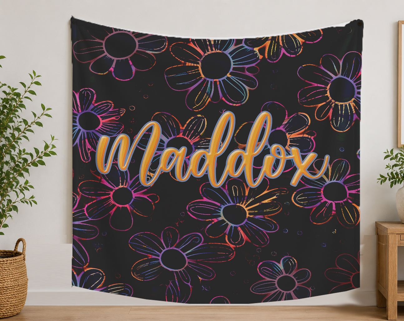 Personalized Retro  Neon Electric Floral Design with Name Blanket