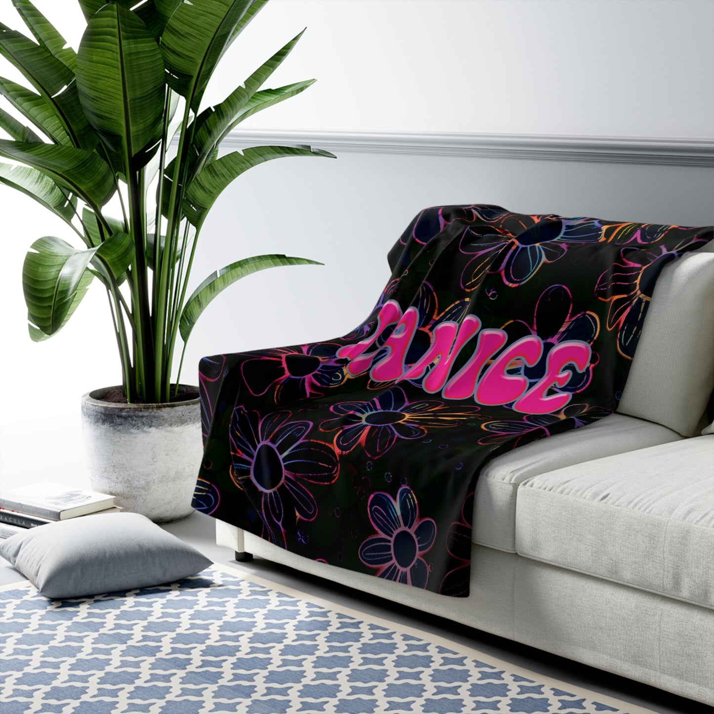 Personalized Retro  Neon Electric Floral Design with Name Blanket