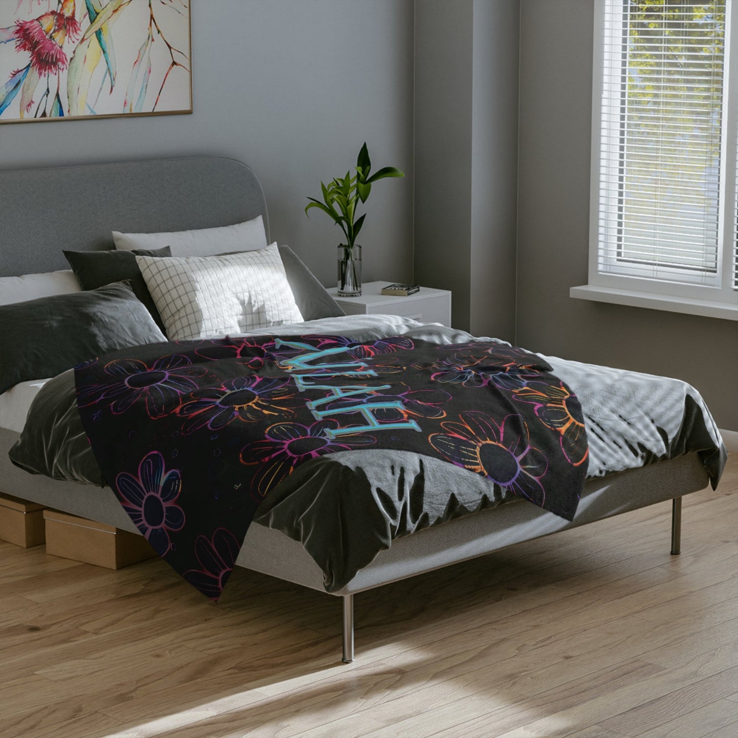 Personalized Retro  Neon Electric Floral Design with Name Blanket