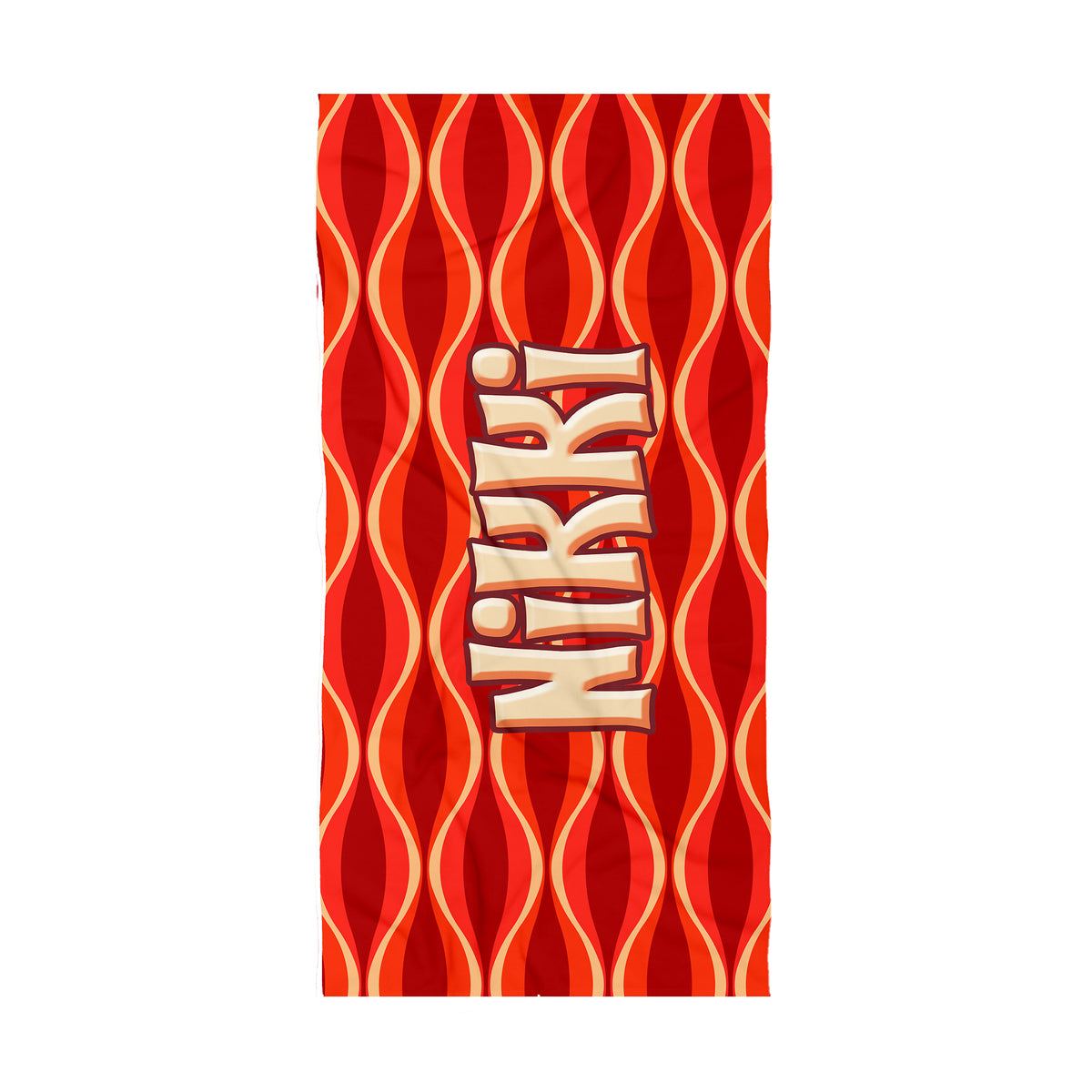 A rectangular beach towel featuring a bold red and orange wavy pattern with a large, stylized beige and brown 'IKIN' graphic in the center, displayed flat against a solid white background.