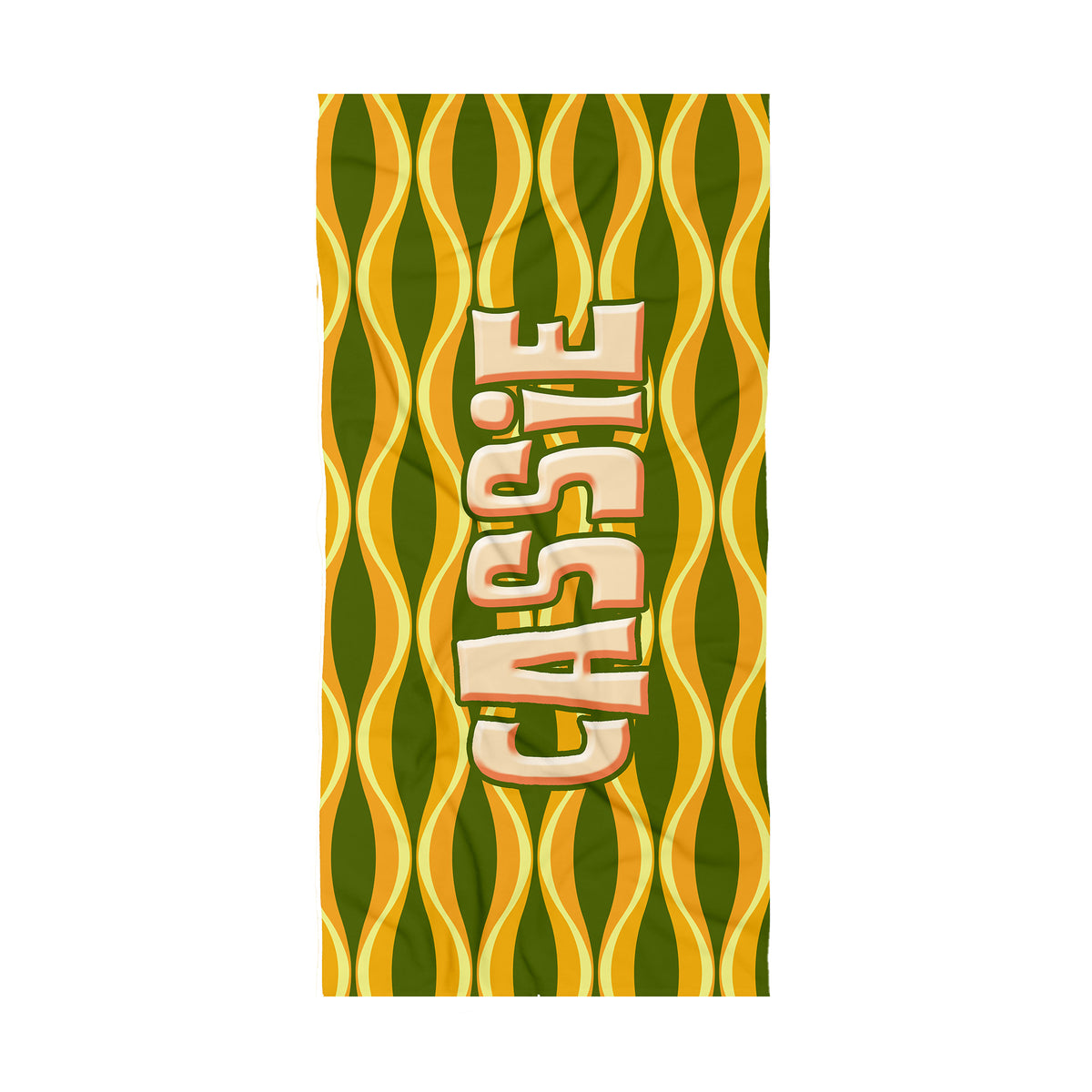 A personalized beach towel featuring a retro wavy pattern in olive green and golden yellow, with the name 'CASSIE' printed vertically in large beige block letters with a brown outline.