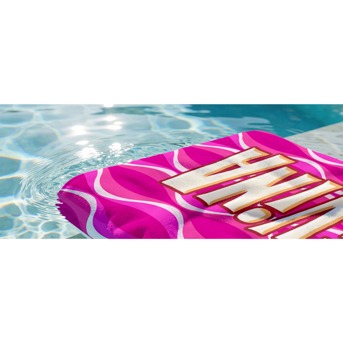 A rectangular beach towel featuring a retro wavy pattern in navy blue, pink, and peach, with the name 'MARLY' printed vertically in large beige block letters with a red outline.