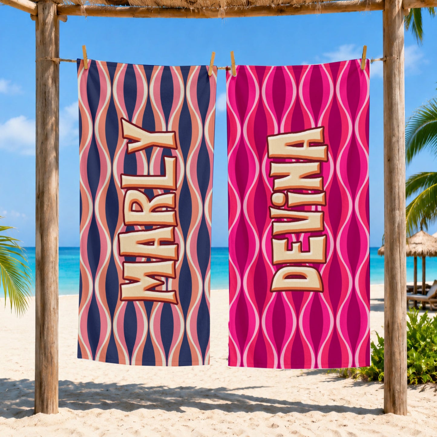 Personalized Retro Wavy Stripe Beach Towel | Custom Name 70s Wave Design
