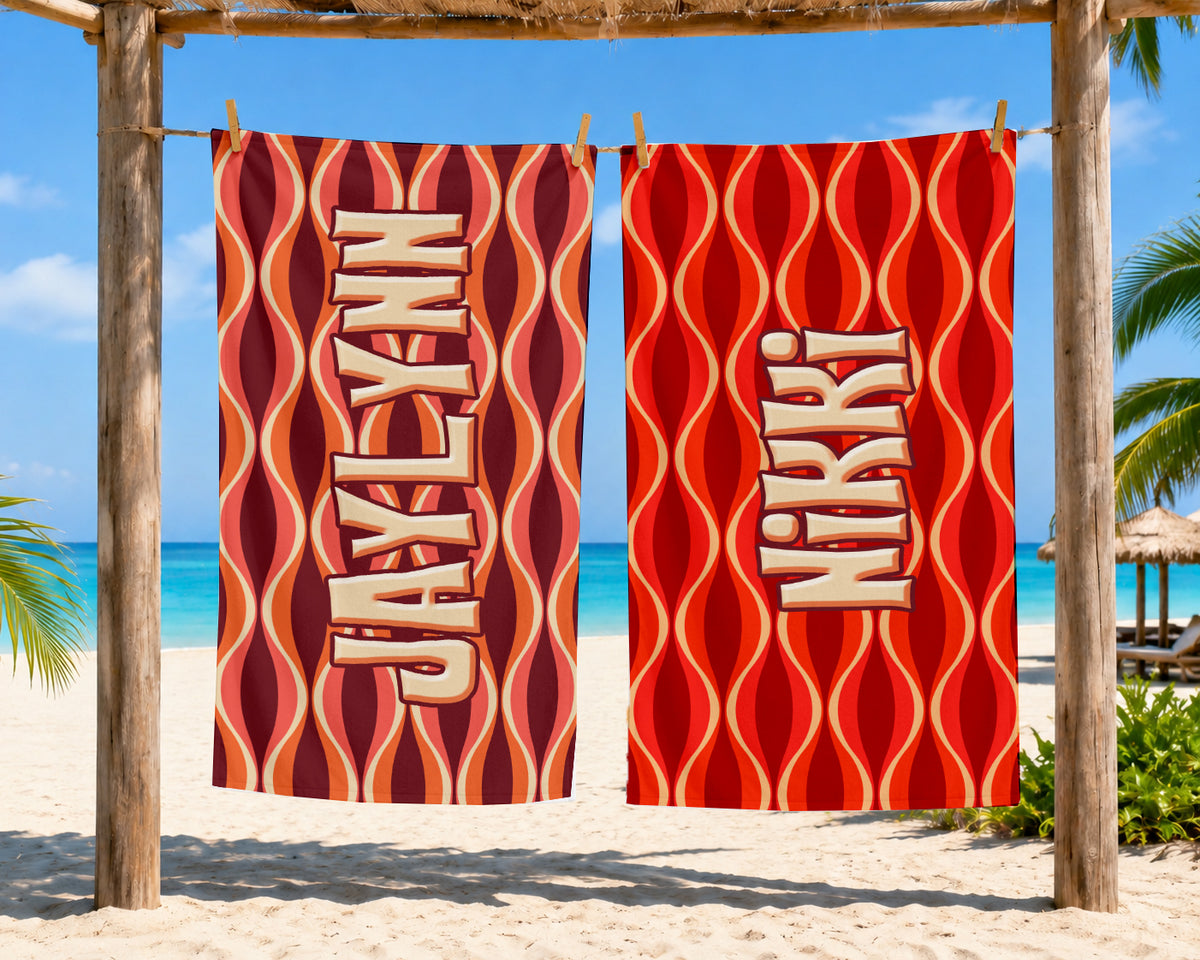 Personalized Retro Wavy Stripe Beach Towel | Custom Name 70s Wave Design