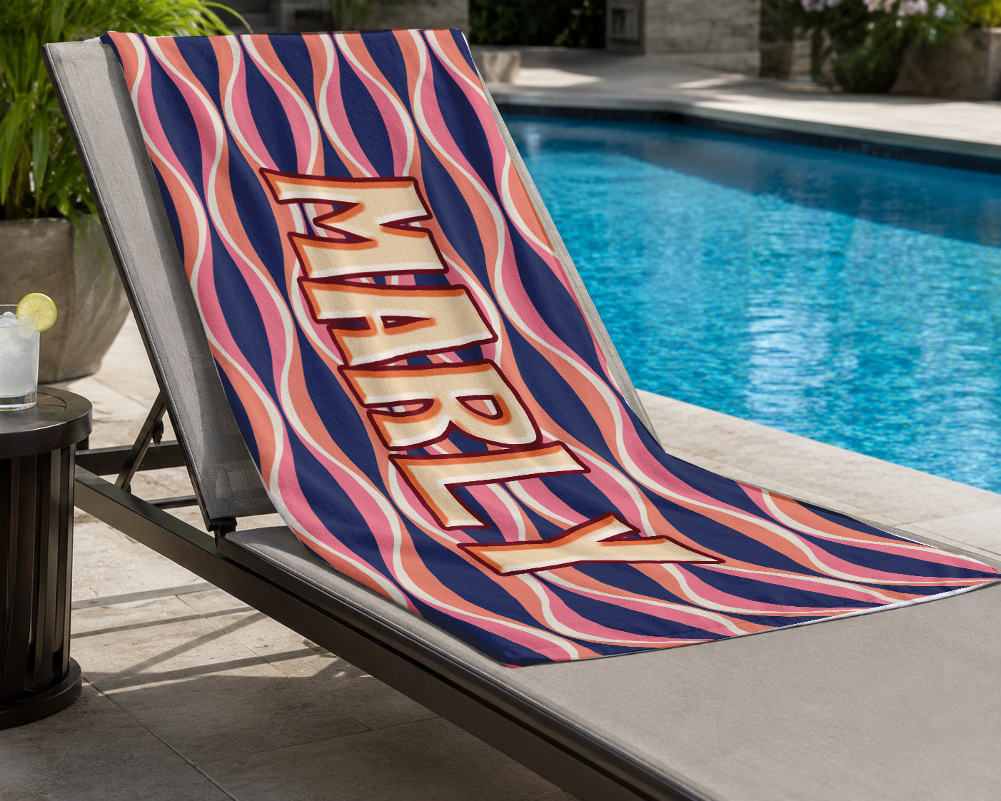 Personalized Retro Wavy Stripe Beach Towel | Custom Name 70s Wave Design