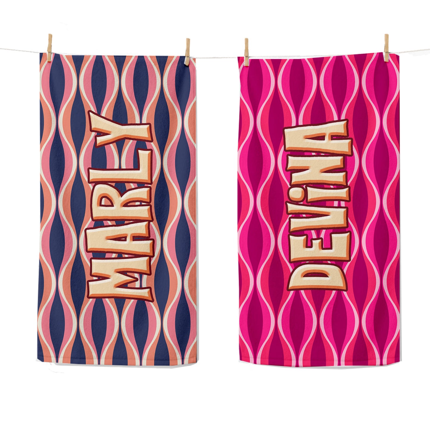 Personalized Retro Wavy Stripe Beach Towel | Custom Name 70s Wave Design