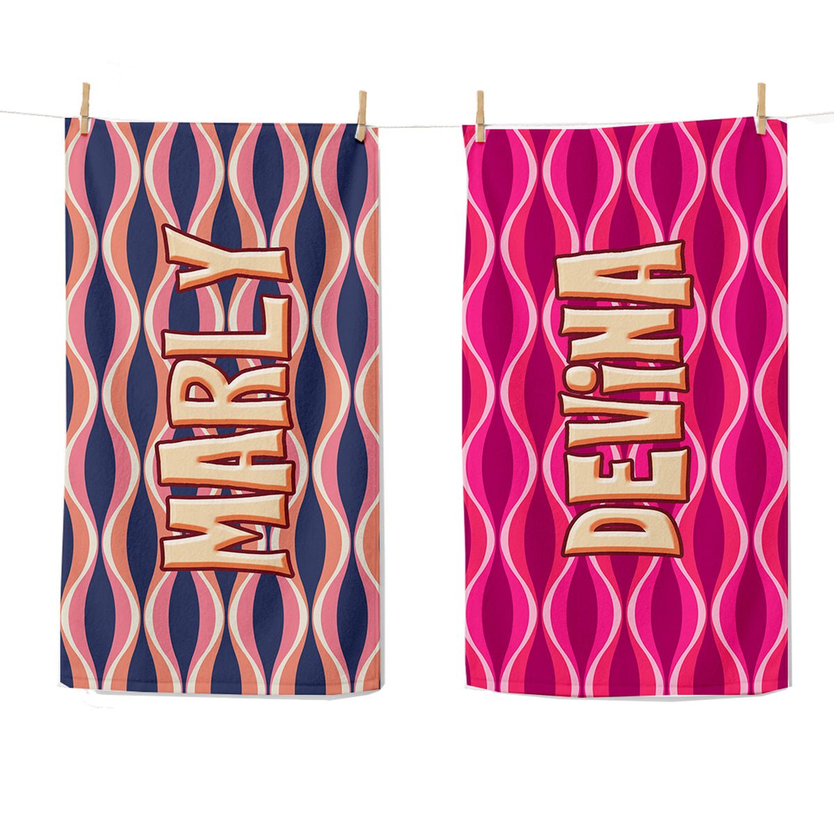 Two personalized kitchen towels with retro wavy patterns hanging from wooden clips on a white background. The left towel has a navy, pink, and orange pattern with the name 'MARLY' in 3D gold letters.