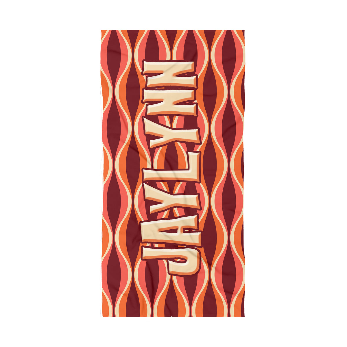 A rectangular beach towel featuring a retro wavy pattern in navy blue, pink, and peach, with the name 'MARLY' printed vertically in large beige block letters with a red outline.