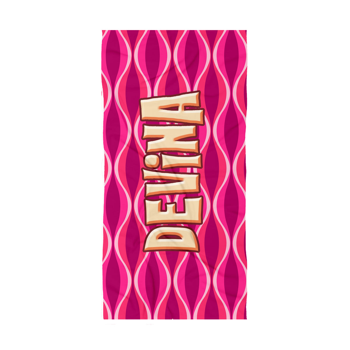 A rectangular pink patterned towel or mat featuring vertical wavy stripes in shades of hot pink, magenta, and white, with the word 'DEVINA' printed vertically in large gold block letters with a brown outline.