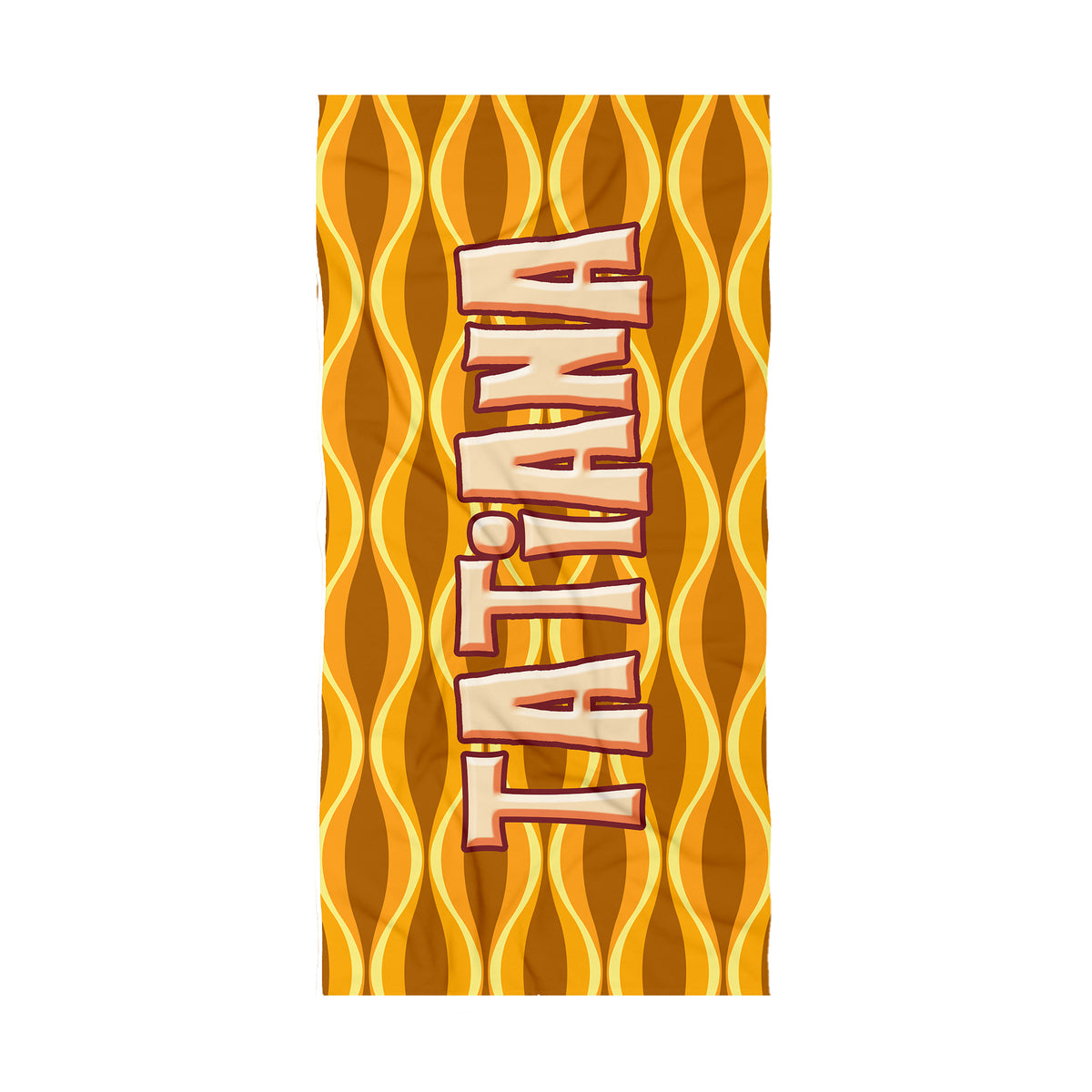 A rectangular beach towel featuring a retro wavy pattern in orange, yellow, and brown, with the word 'TATIANA' printed vertically in large cream-colored letters with red outlines.