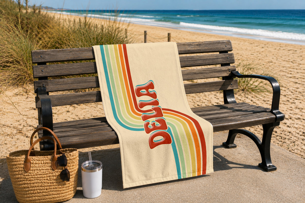 Personalized Retro Rainbow Beach Towel | Custom Name 70s Style Design