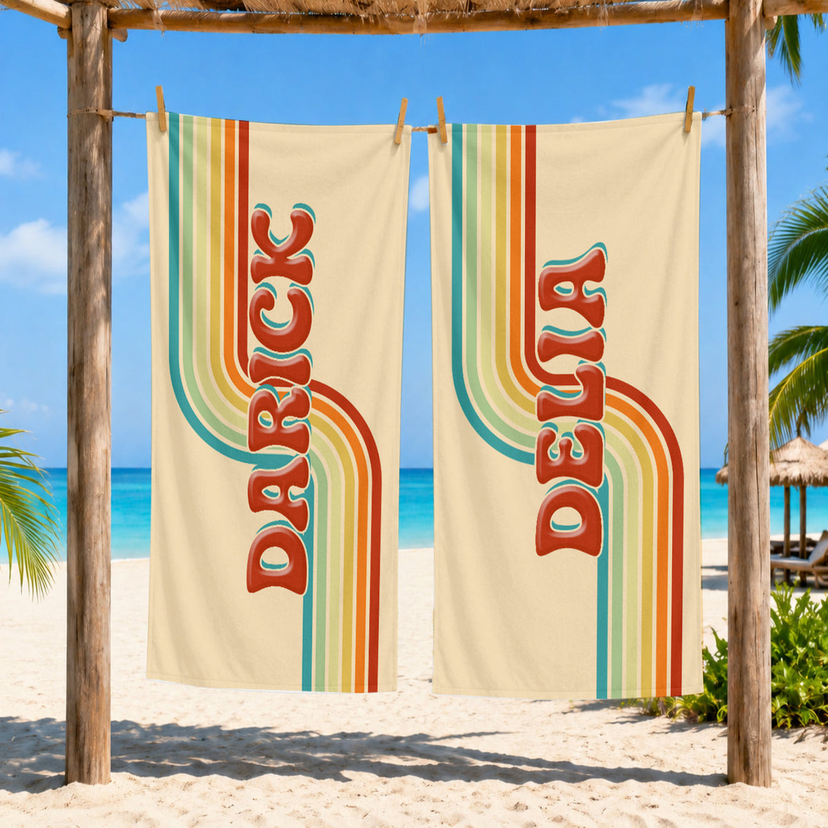 Personalized Retro Rainbow Beach Towel | Custom Name 70s Style Design