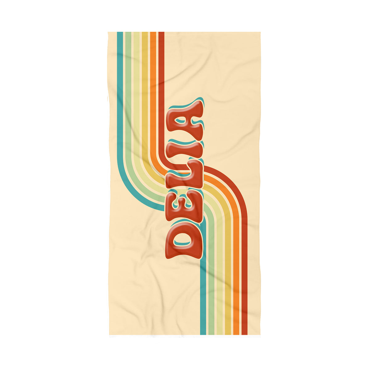 A rectangular cream-colored towel featuring a retro 1970s design with vertical wavy stripes in teal, orange, yellow, and red, and the word 'DELTA' printed vertically in red-orange letters with a teal outline.