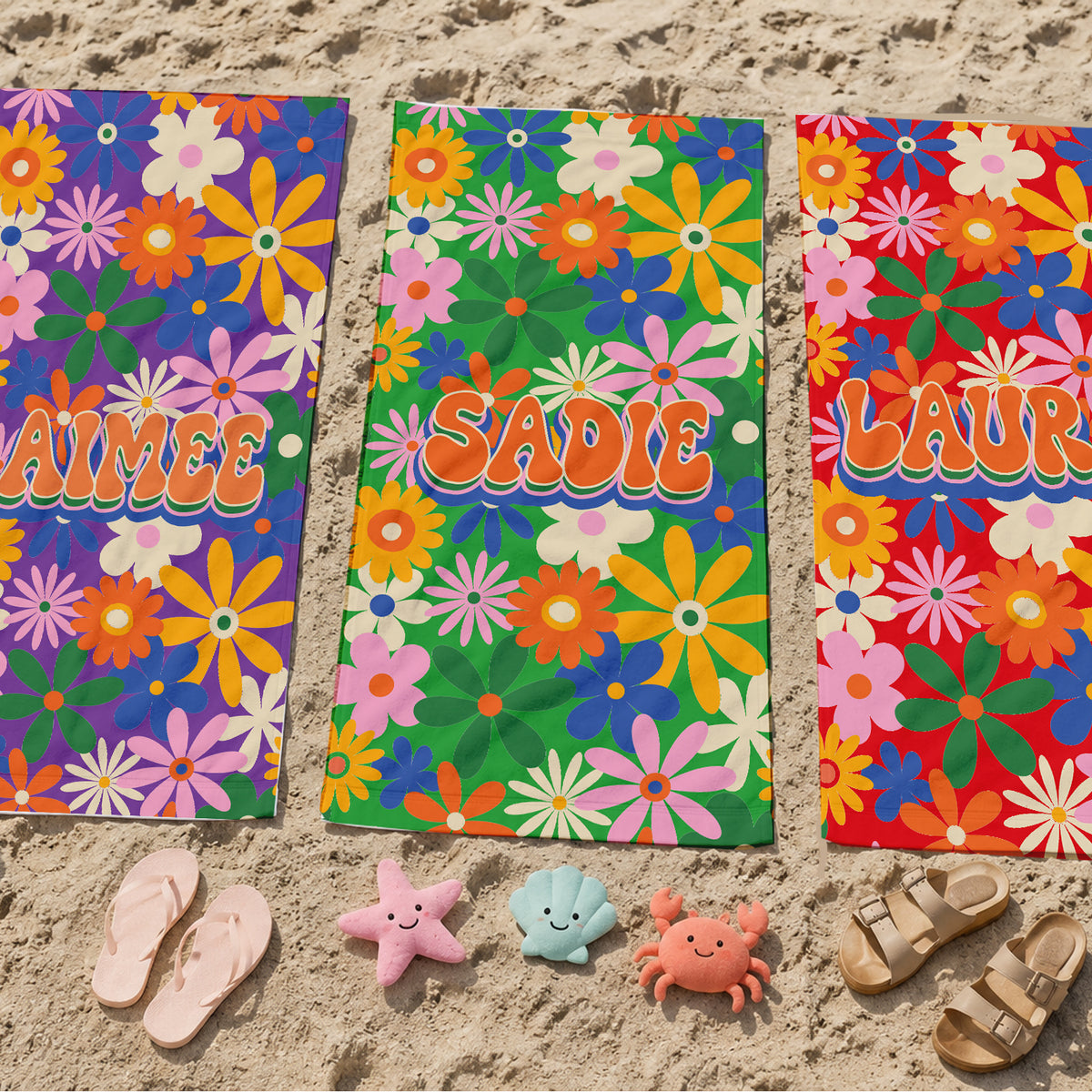 Personalized Retro Daisy Beach Towel | Custom Name Flower Power Design