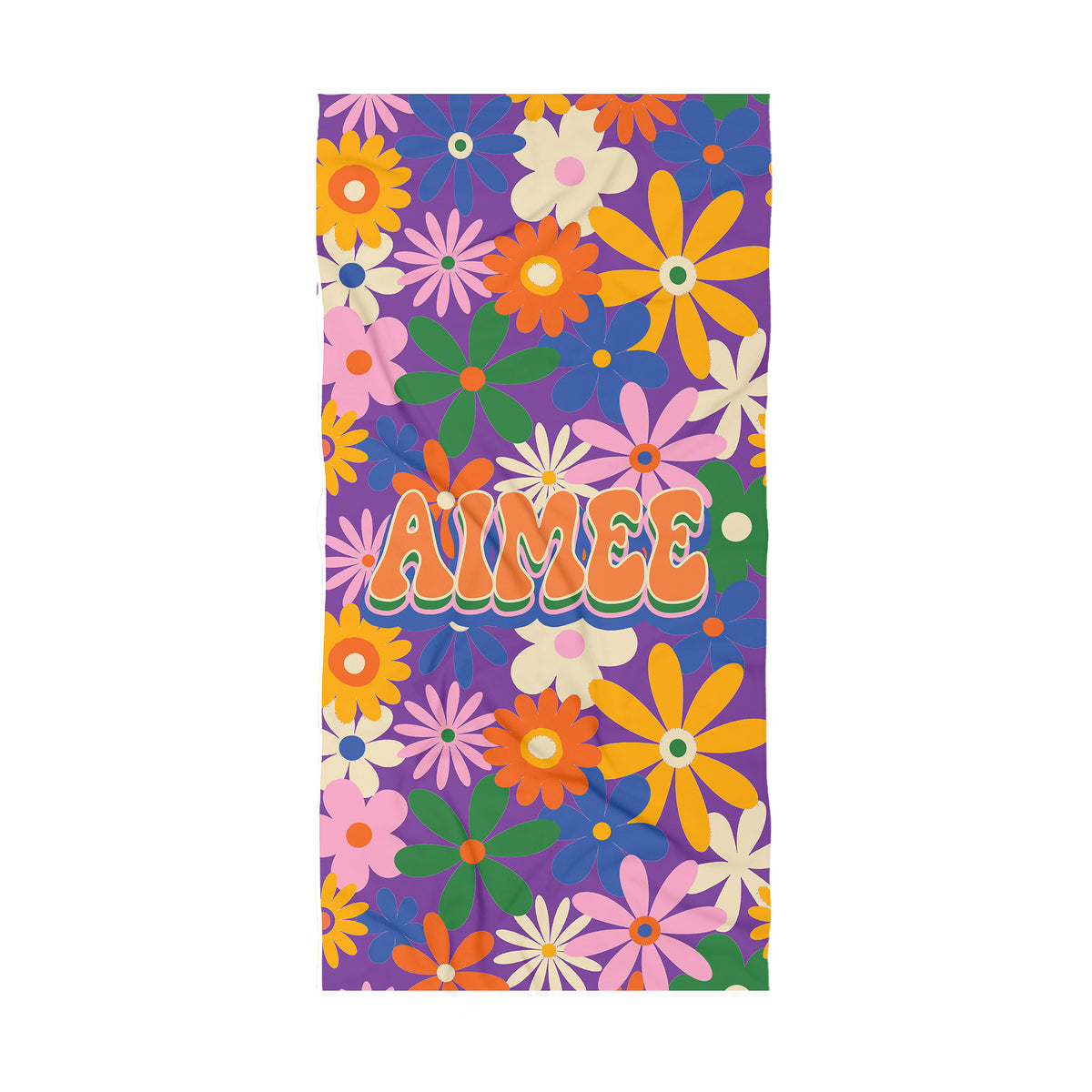 Bright colorful Florals on a bright purple background with the name Laura in a retro groovy font.