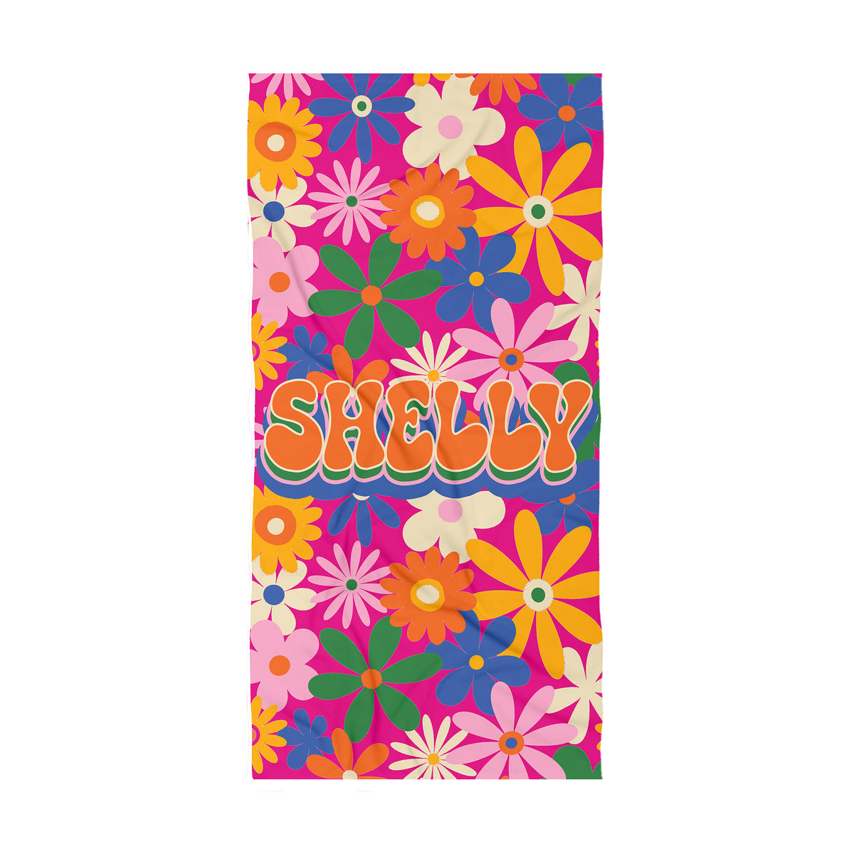 Bright colorful Florals on a bright hot pink background with the name Laura in a retro groovy font.