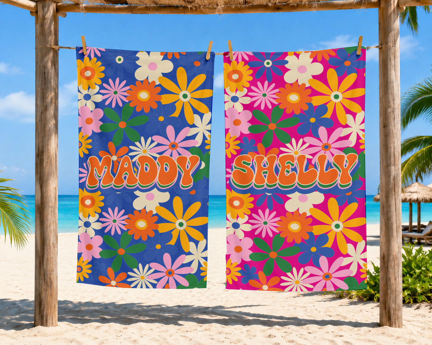 Personalized Retro Daisy Beach Towel | Custom Name Flower Power Design
