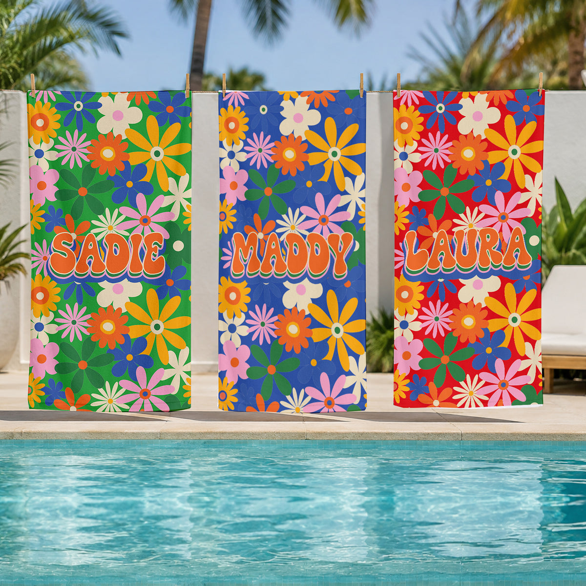 Personalized Retro Daisy Beach Towel | Custom Name Flower Power Design