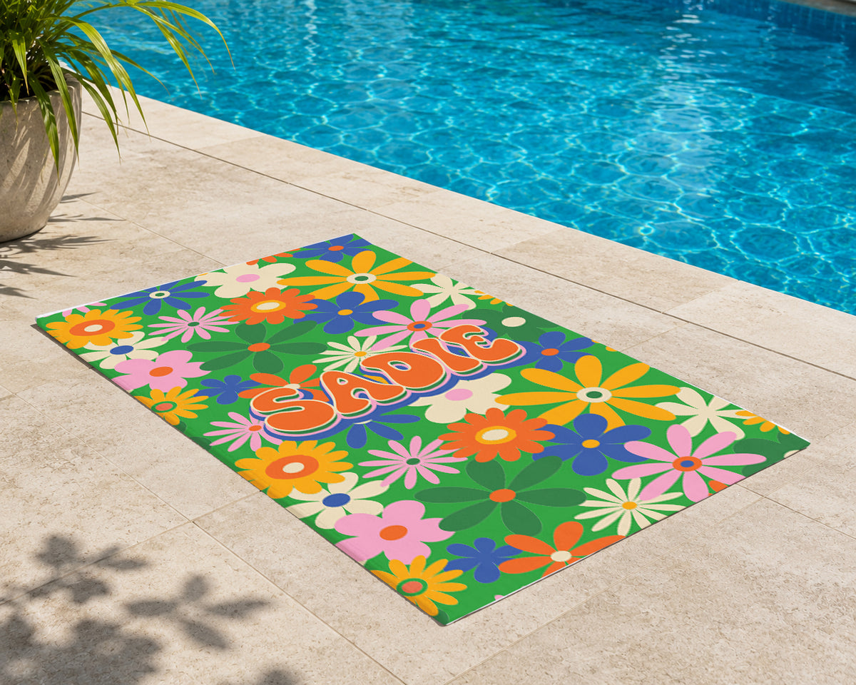 Personalized Retro Daisy Beach Towel | Custom Name Flower Power Design