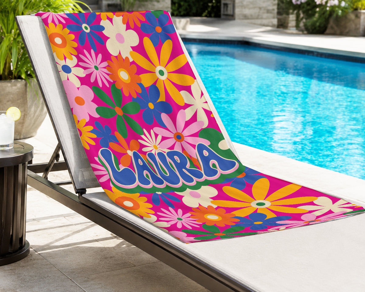 Personalized Retro Daisy Beach Towel | Custom Name Flower Power Design