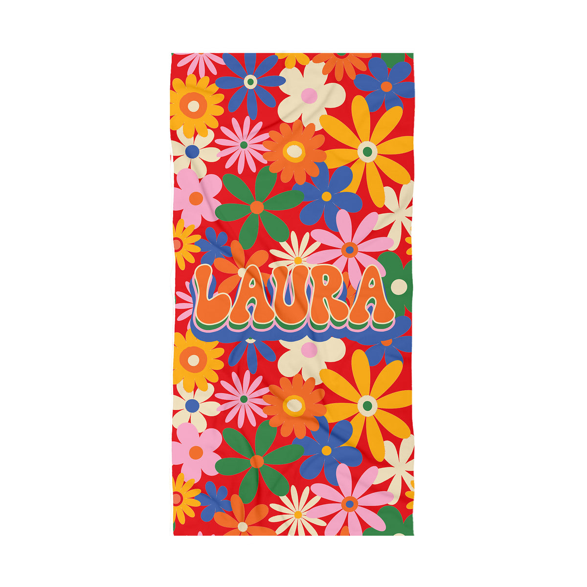 Bright colorful Florals on a bright purple background with the name Laura in a retro groovy font.