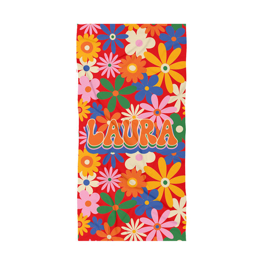 Bright colorful Florals on a bright purple background with the name Laura in a retro groovy font.