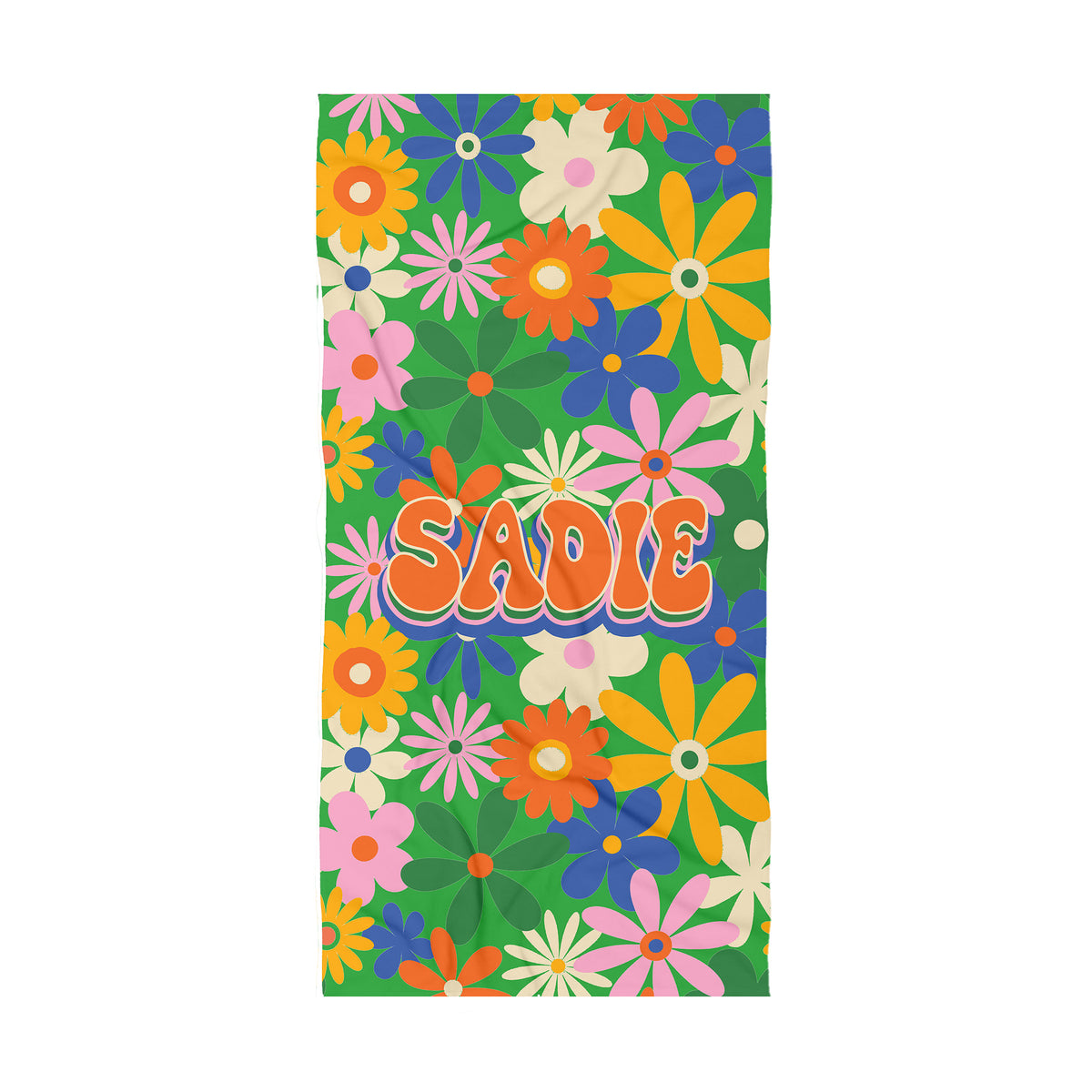 Bright colorful Florals on a bright green background with the name Laura in a retro groovy font.